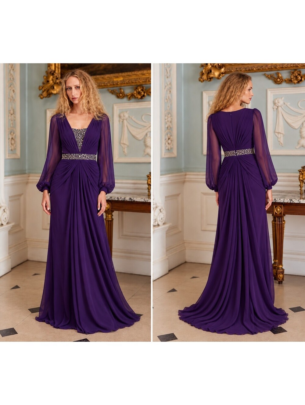 Badgley Mischka Size 4 Purple Crystal Beaded Long Sleeve Formal Modest Gown NWOT